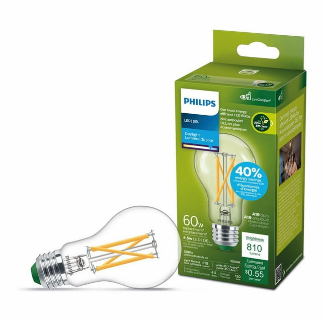 Philips Ultra Efficient LED Bulb 60W A19 1 pack Daylight Clear Dimmable Medium Base