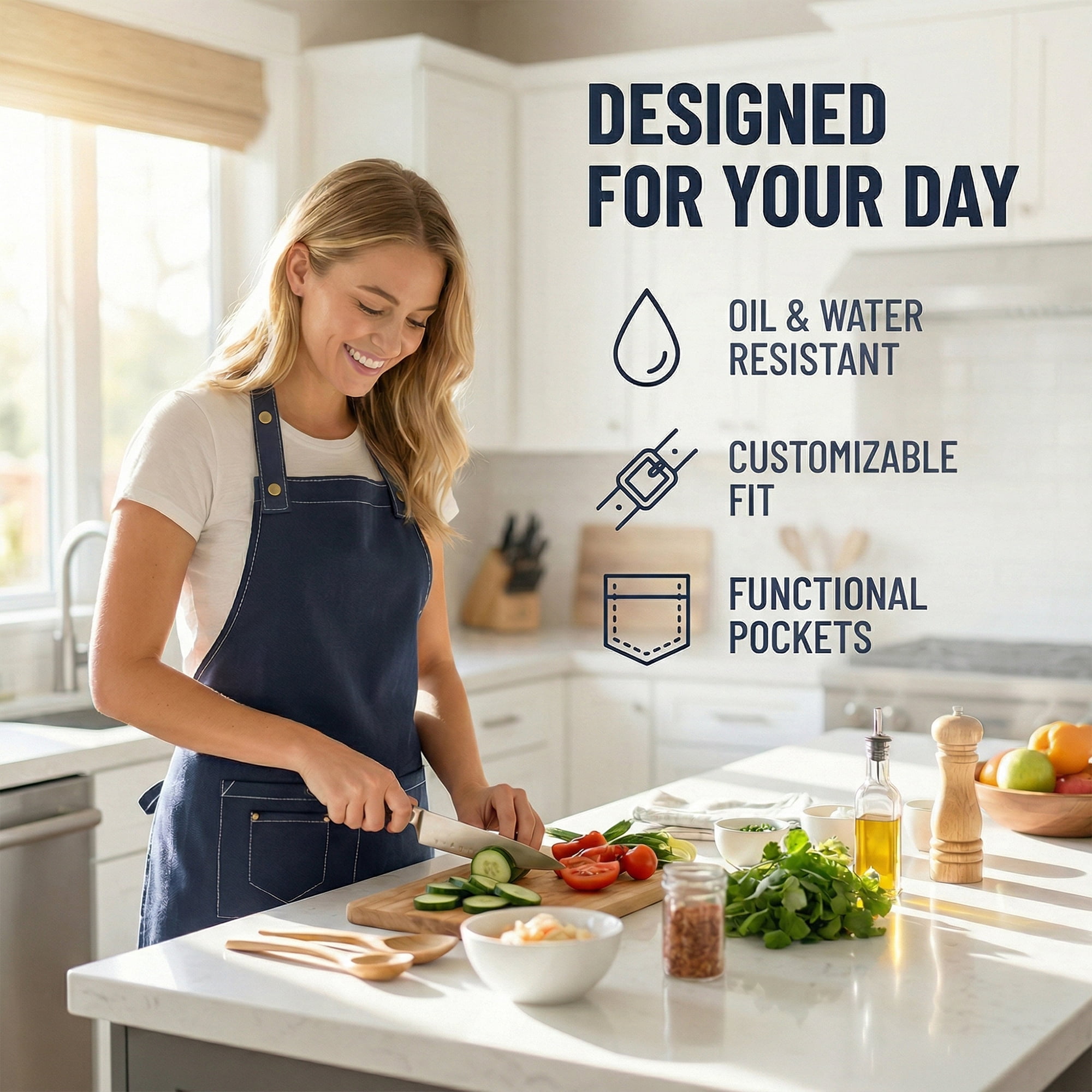 Unique Bargains Durable Cotton Kitchen Apron with Pockets for Cooking 28.4x26in Blue