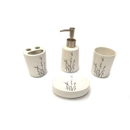 Empire Home Leaves & Birds 4-Piece Bathroom Accessory Ceramic Set - Lotion Dispenser/Tumbler / Toothbrush Holder/Soap
