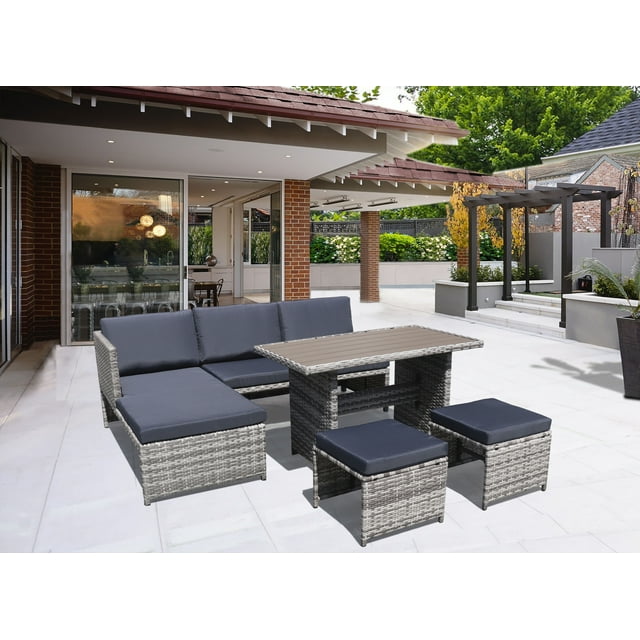 Patio Set Outdoor Furniture, BTMWAY 5 Piece Rattan Patio Dining Sets, Wicker Patio Conversation Sets for Deck, Backyard, Lawn, Outdoor Patio Furniture Sets with 2 Stools, Table, Cushions, Brown, R1825