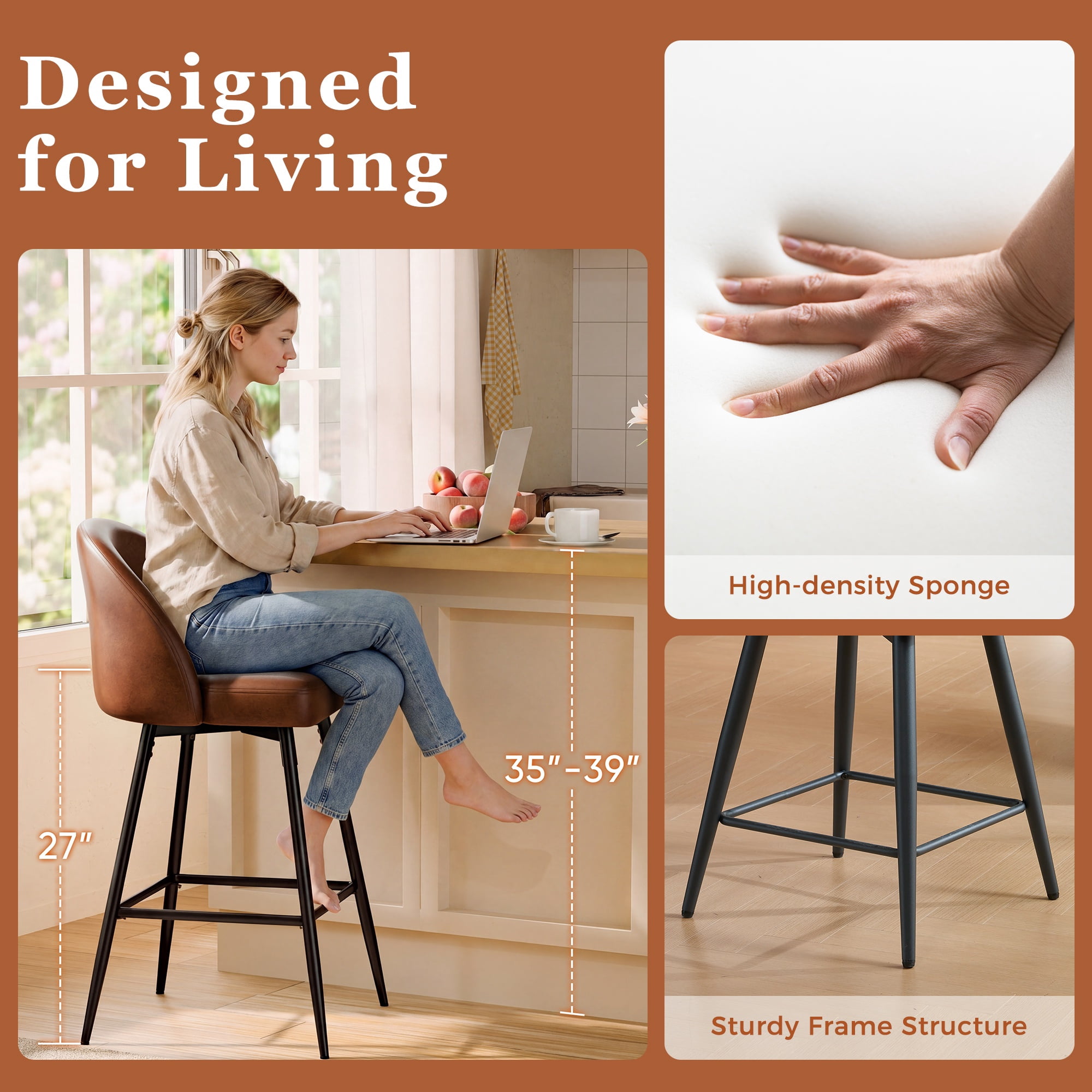 CDCASA Swivel Counter Height Bar Stools Set of 3, 27" Seat Height Modern Barstools with Back and Metal Legs, Upholstered Kitchen Island Chairs, Faux Leather in Brown