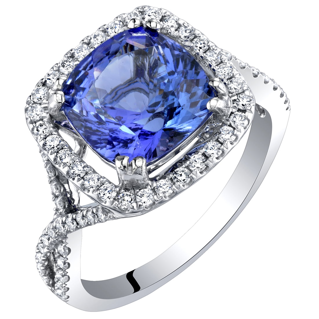 Oravo - 3.65 ct Cushion Cut Tanzanite Diamond Halo Ring in 14K White ...