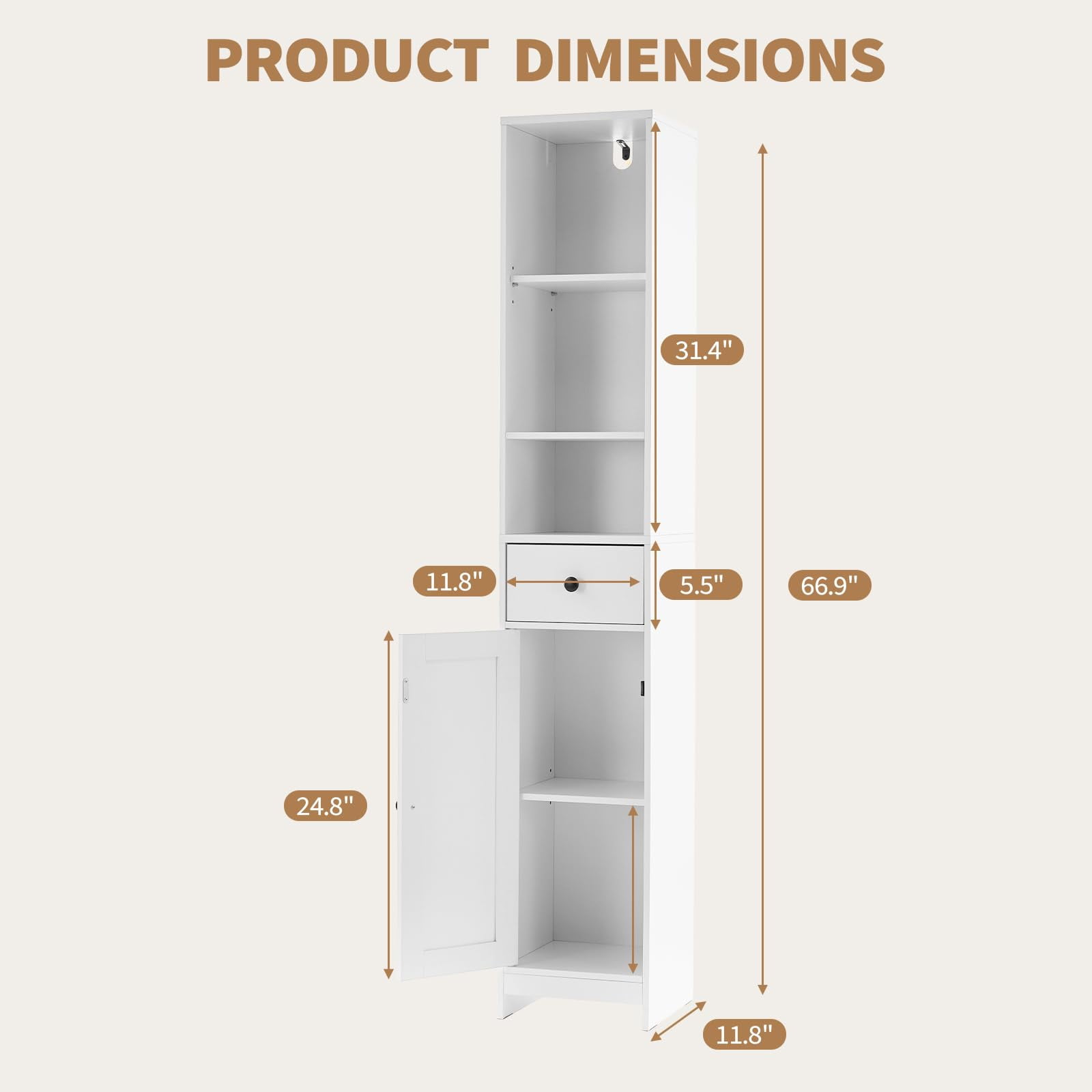 Gaderth Tall Narrow Bathroom Storage Cabinet, 66.9 Inch Freestanding Adjustable Multi-Functiona Shelf Organizer for Small Spaces, Kitchen, Hallway, Bathroom Organization
