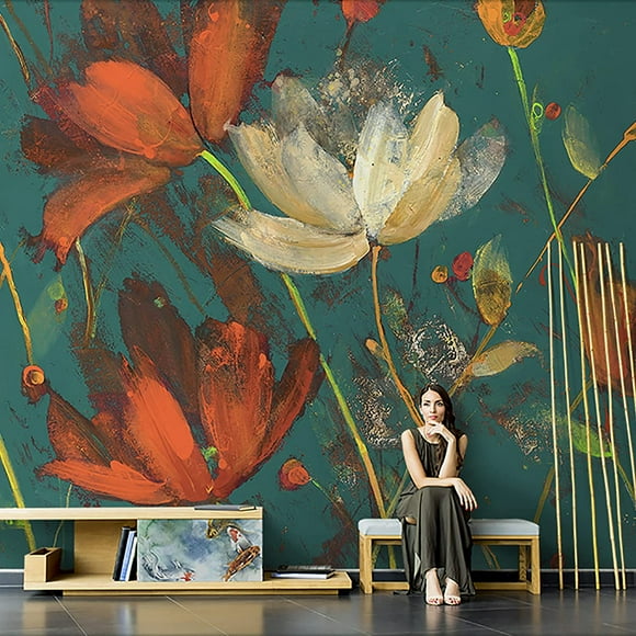 Jinsinto Wall Murals Peel and Stick Large Flower Mural Wallpaper Removable Wallpaper for Bedroom Self-Adhesive Wall Mural (Green)