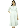 thumbnail image 3 of Bimba Women's 3/4 Sleeve Linen Collar Neck Solid Flared Shirt Dress with Side Pockets, 3 of 9