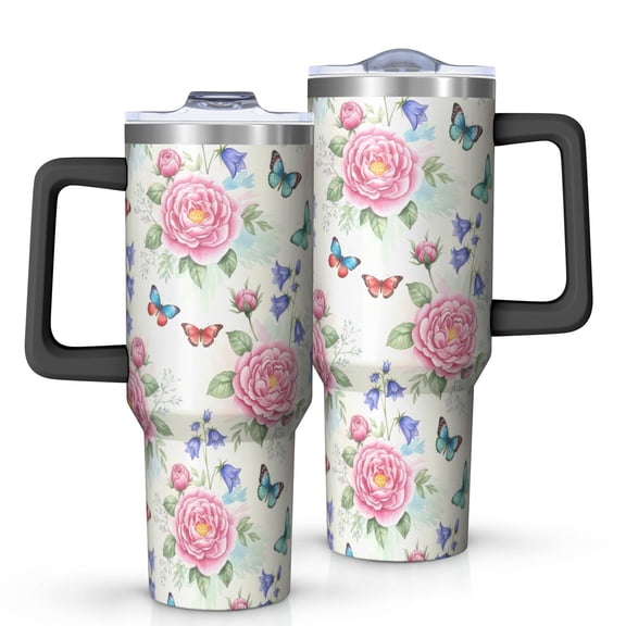 40oz Pioneer Flower Floral Print Pattern Insulated Tumbler with Handle, BPA-Free Leak Proof Lid and Straws, Double Wall Vacuum, Hot 12h/Cold 34h