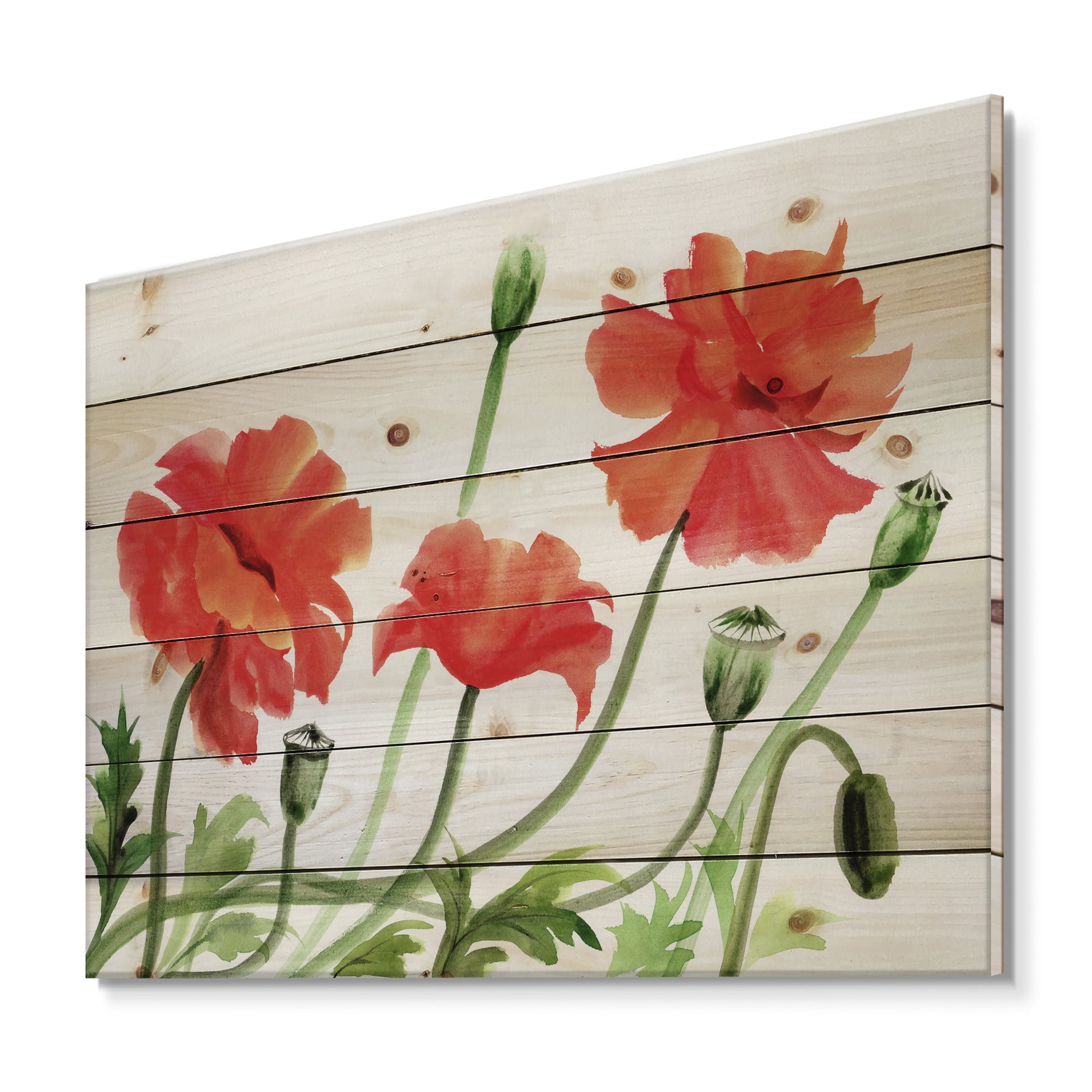 Designart 'Ancient Red Poppies III' Traditional Print on Natural Pine Wood