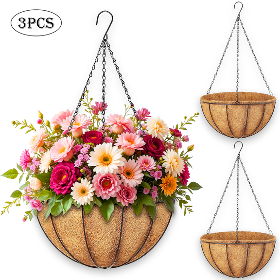 3-Pack Metal Hanging Planter 10-Inch Baskets Coconut Coir Liners Rustproof Iron Frame with Hook for Indoor Outdoor Porch Garden Décor(Black)