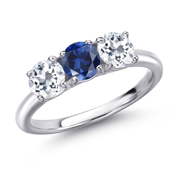 Gem Stone King 925 Sterling Silver Blue Created Sapphire and White Topaz Engagement Ring for Women | 1.80 Cttw | Round 5MM | Gemstone September Birthstone | Size 6