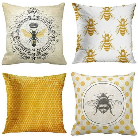 

Set of 2 Throw Pillow Covers Bee Honey Yellow Modern Vintage French Queen Entomology with Bees Decorative Pillow Cases Home Decor Square 16x16 inches Pillowcases