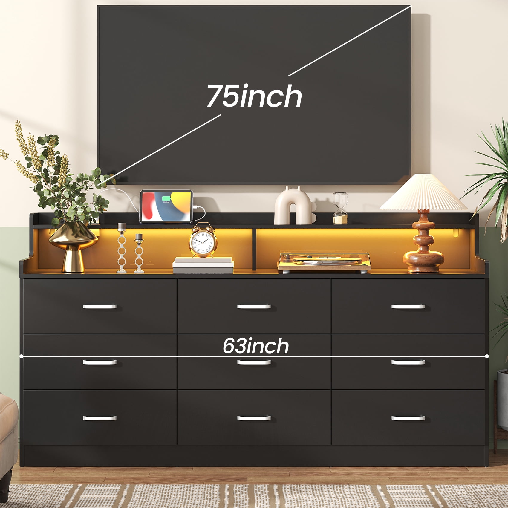 Frmobepts 9 Drawers Dresser, 63" Black Drawer Dresser with Power Outlet, Accent Chests of Drawers with LED Light, Modern Storage Dresser for Bedroom, Living Room