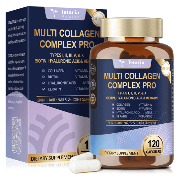 Totaria 18-in-1 Collagen Pro - Multi Collagen Peptides Type I II III V X for Skin, Hair, Nails & Joint Support, 120 Vegan Capsules