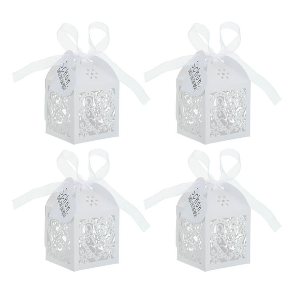 Unique Bargains Paper Hollow Laser Cut Wedding Favor Candy Boxes with Ribbon and Tag, White 25 Pack