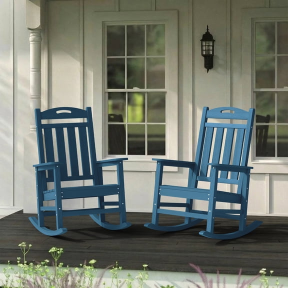 Set of 2 Outdoor Rocking Chairs, HDPE High Back Patio Rocker, Navy