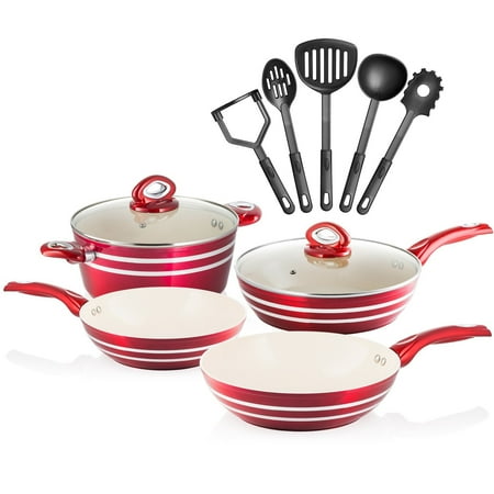 Chef's Star 11 Piece Professional Grade Aluminum Non-stick Pots & Pans Set - Induction Ready Cookware Set - Red / (Best Induction Ready Cookware)