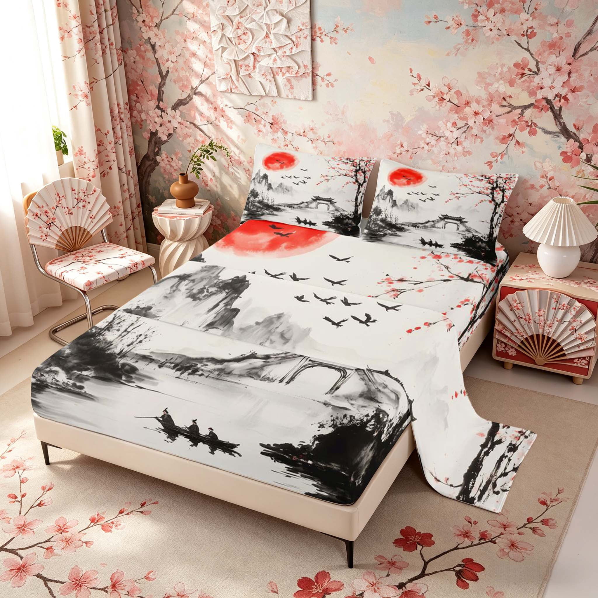 Manfei Ink Red Sun Boat Queen Sheet Sets for Girls Women, Plum Tree Bed Set, Black Red White 4 Pieces, 1 Flat Sheet, 1 Fitted Sheet and 2 Pillowcases