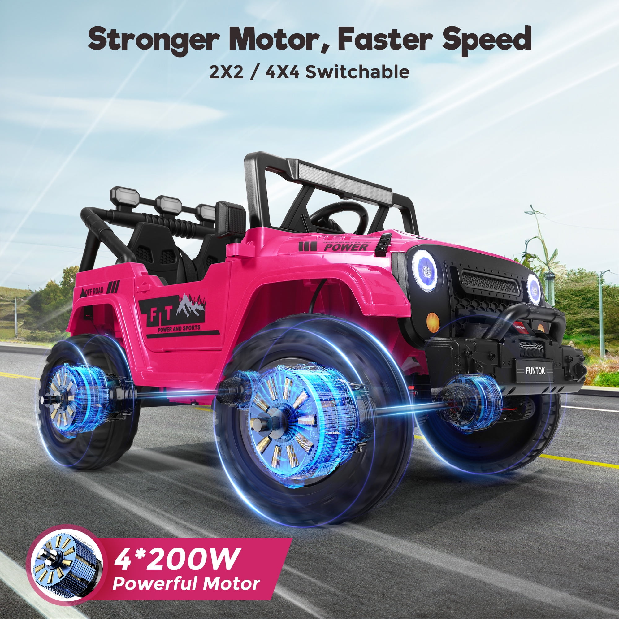 FUNTOK 24 Volt 2 Seater Kids Ride on Toys w/ 20 " Large Seat, 4 x 200W Motor Electric Vehicle Car, 4WD/2WD Switchable Battery Powered Ride on Truck, 3 Speeds with Remote Control & LED Lights, Pink
