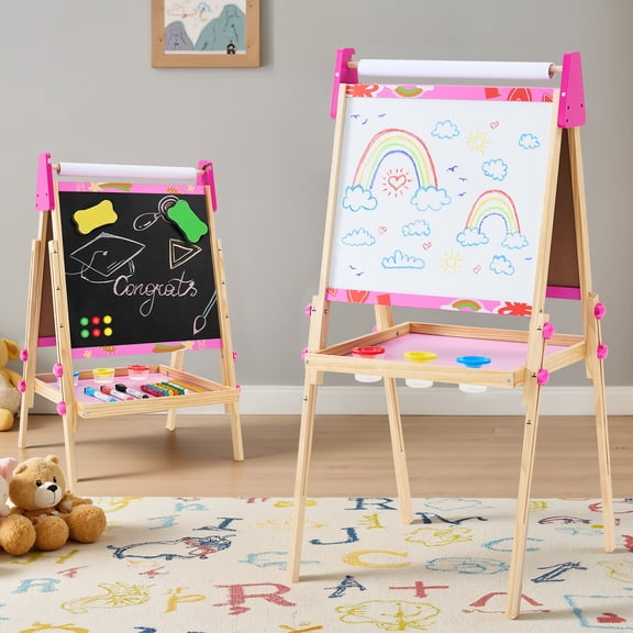 CONCETTA Kids Easel, Double-Sided Magnet Whiteboard & Chalkboard with Paper Roll, Storage Shelf & Accessories, Pink