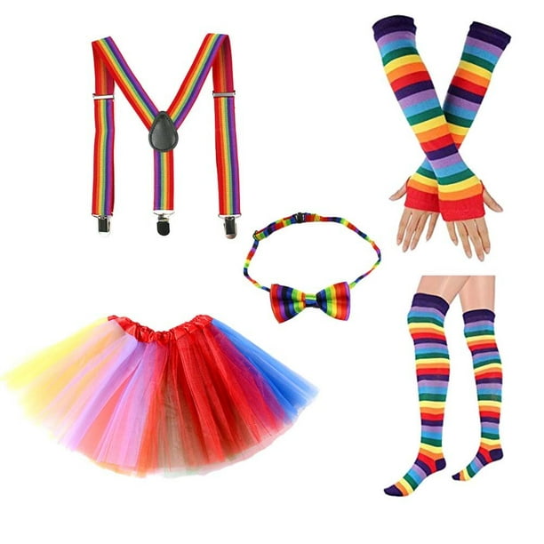 Kit de falda tutú arcoíris con lazo colorido, guantes largos, medias, tirantes, conjunto de accesorios para disfraces (niño)