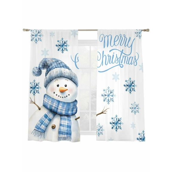 Merry Christmas Sheer Curtains 2 Panels Set, Snowman Snowflakes Winter Blue Window Sheer Curtains for Living Room/Bedroom, Light Filtering Rod Pocket Voile Drapes, 52" W x 72" L