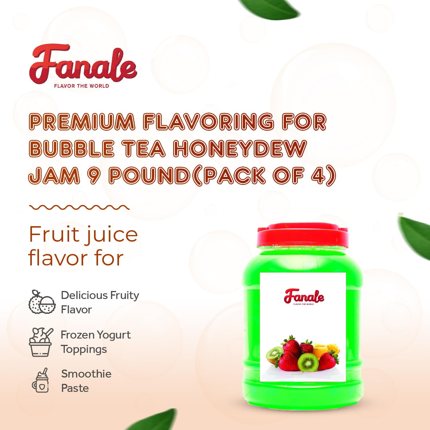 Fanale Honeydew Flavor Fruit Jam for Bubble Tea, Premium Flavoring Jam for Boba Tea, Smoothies, and Desserts, 9 lb (Pack of 4)