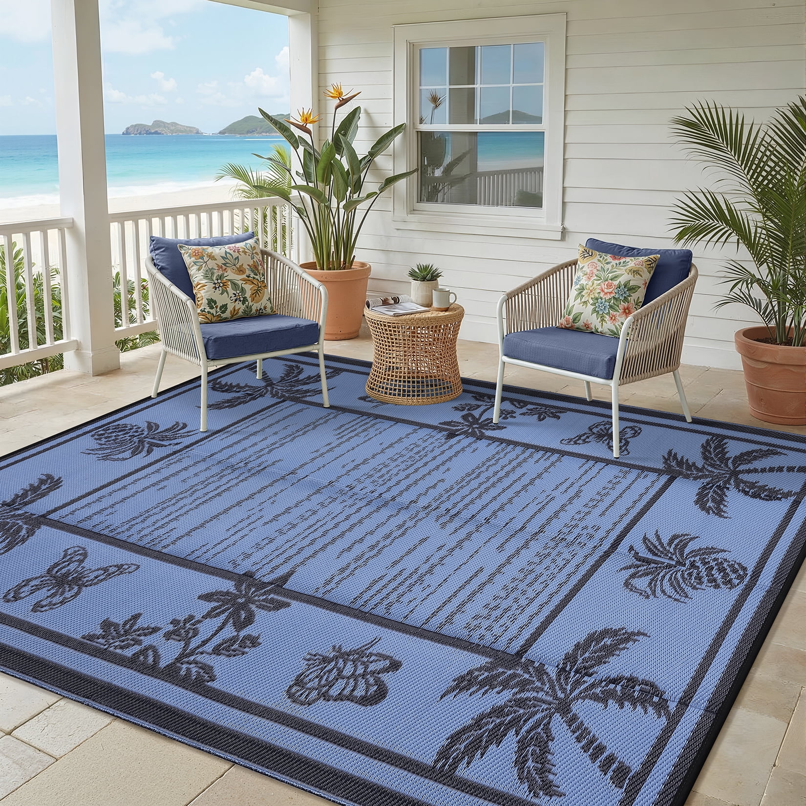 Garvee Outdoor Rug 8x10ft Waterproof Reversible Foldable Plastic Straw Rug, Tropical Leaf Border Outdoor Mat for Patio, Camping, RV, Deck, Porch, Balcony, Blue