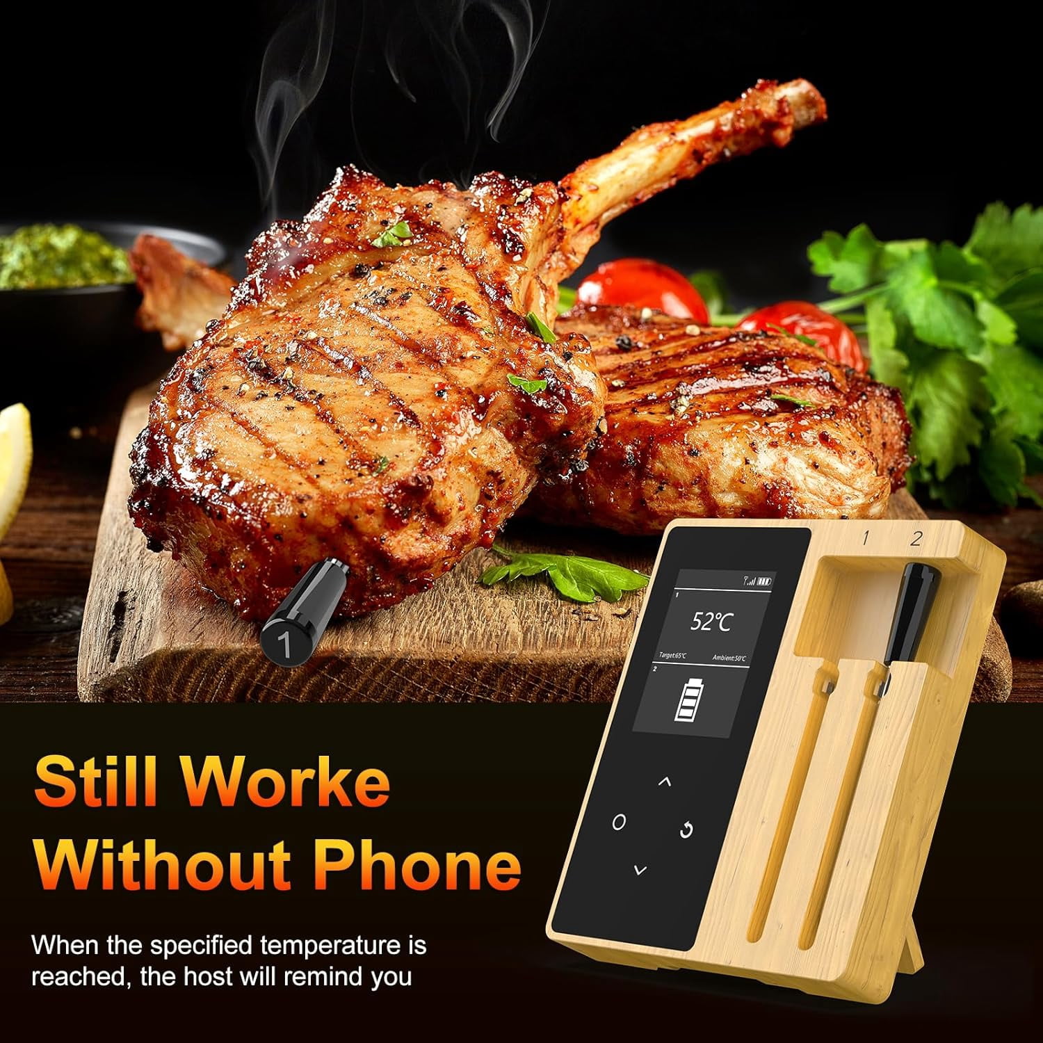 Wireless Meat Thermometer with 2 Ultra-Thin Probes, Smart Digital Bluetooth Food Thermometer 600FT Remote Range, Standalone Smart Base for Grill Roast Oven, Cooking Gifts