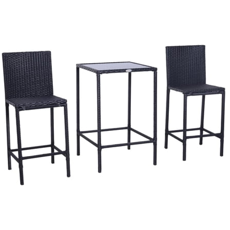 Resenkos 3pcs Rattan Bar Set, A Bar Height Table, Two Matching Stools, Glass, Rattan, Aluminum, Black