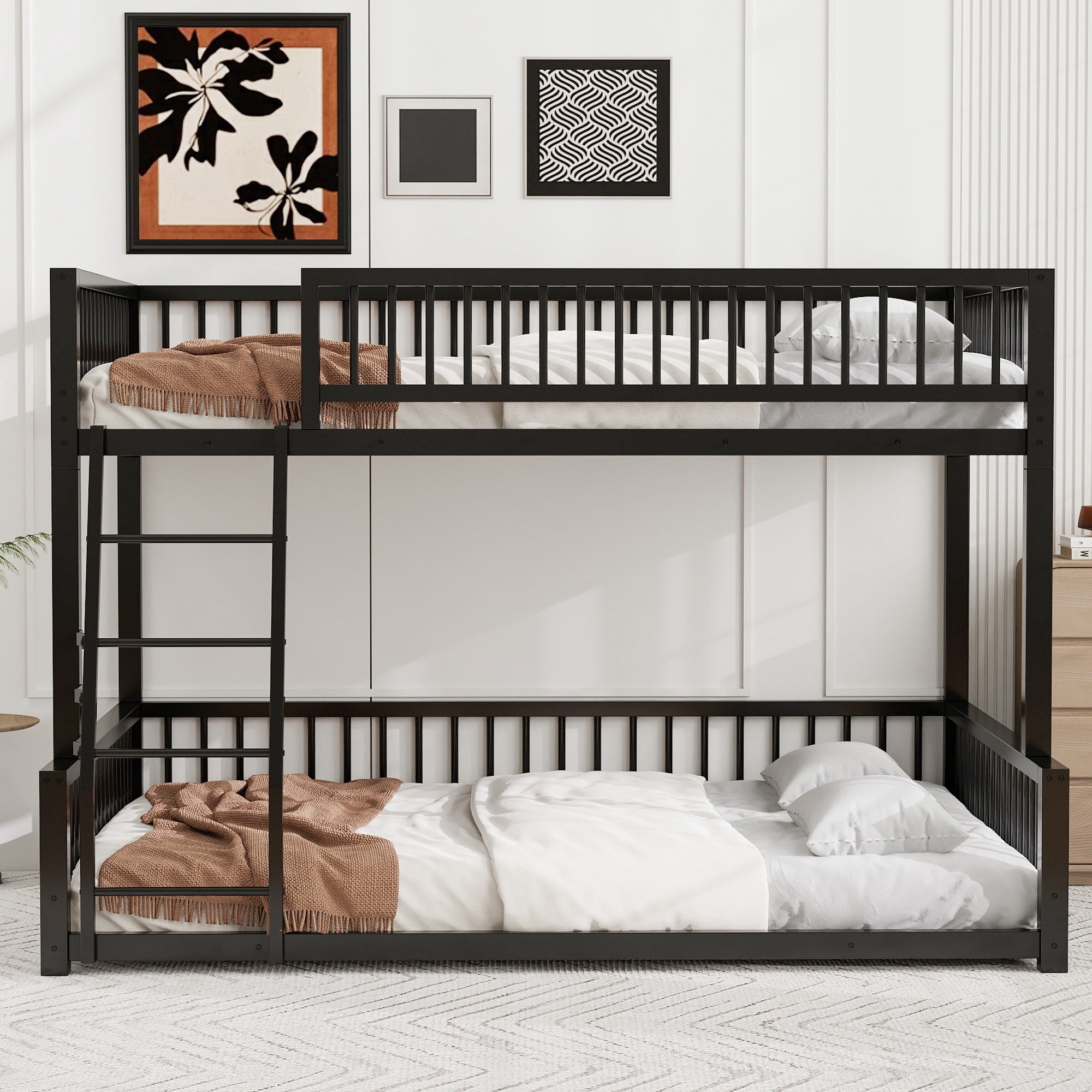 Euroco Metal Full XL over Queen Bunk Bed, Convertible Floor Bed with Ladder and Guardrails, Black