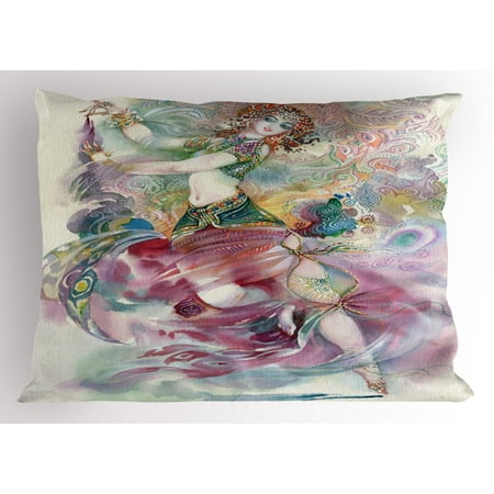 Watercolor Pillow Sham Oriental Dance Theme Young Girl Performing in Traditional Costume Fantasy Figure, Decorative Standard Queen Size Printed Pillowcase, 30 X 20 Inches, Multicolor, by Ambesonne
