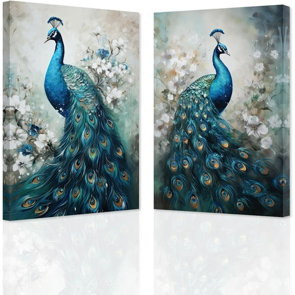 ZHONGYUTONG Peacock Wall Art Set of 2 Blue Peacock Pictures Wall Decor Elegant Peacock Painting Beautiful Animal Poster Canvas Prints Home Decor Frame (11"x14"x2PCS)