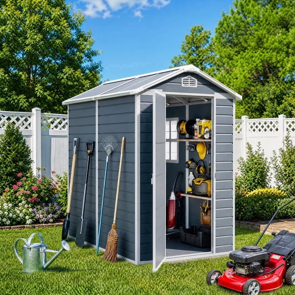 Asofer 6' x 4' Resin Outdoor Storage Shed, All-Weather Plastic Garden Shed with Floor, Side Window & Lockable Door for Backyard, Patio, Gray