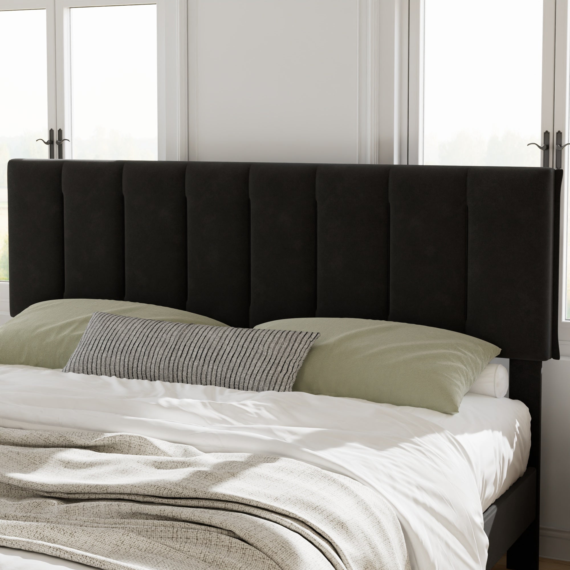 VECELO King Size Upholstered Bed Frame Black Metal Frame Bed with Adjustable Headboard Wood Slat No Box Spring Needed/Easy Assembly,Black