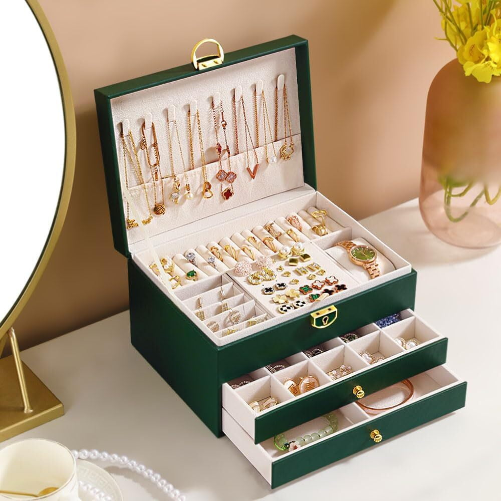 Womens Gifts for Christmas,Jewelry Box for Women,Large Jewelry Organizers and Storage,3 Layer Jewelry Box with Lock with Removable Tray for Necklaces Earrings Bracelets Rings Watches - Green