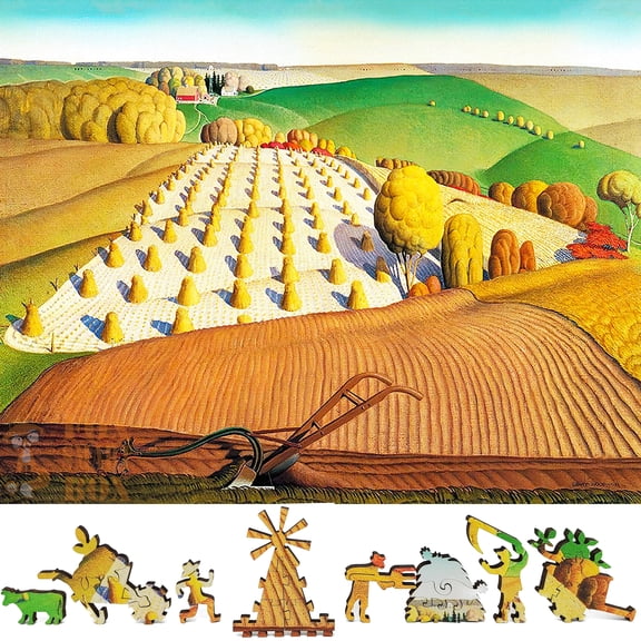 Wooden Jigsaw Puzzles for Adults - Uniquely Shaped Pieces - made in the USA by FoxSmartBox - 242 Pieces - Fall Plowing