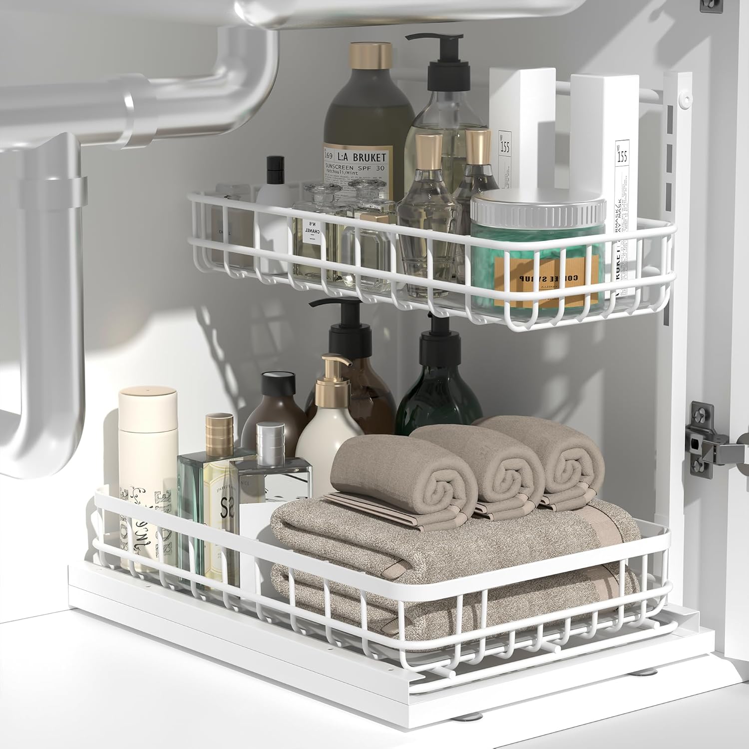 Under Sink Organizer, Adjustable Height Pull-Out Kitchen Storage Organization,15.8" x 11.8" x 16.5", 2-Tier Kitchen Shelf, Bathroom Drawer Organizer, 2 Pack|White