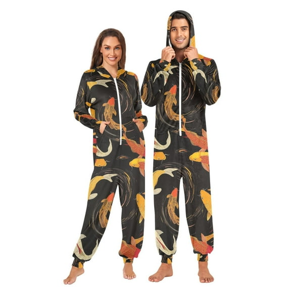 FORMRS Onesies Pajama for Adults Unisex Hoodie Winter Jumpsuit One Piece Sleepwear, Sizes S-2XL, Black Fish Pattern