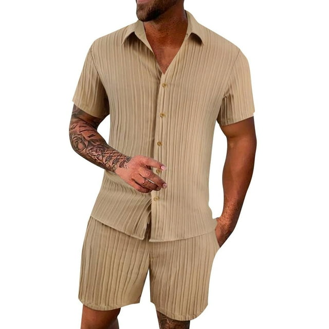 toraway Autumn Men's Suits Regular Fit 2 Piece Mens Spring and Summer Leisure Sports Comfortable Breathable Sweat Absorbing Short Sleeved Shorts Two Piece Set XL