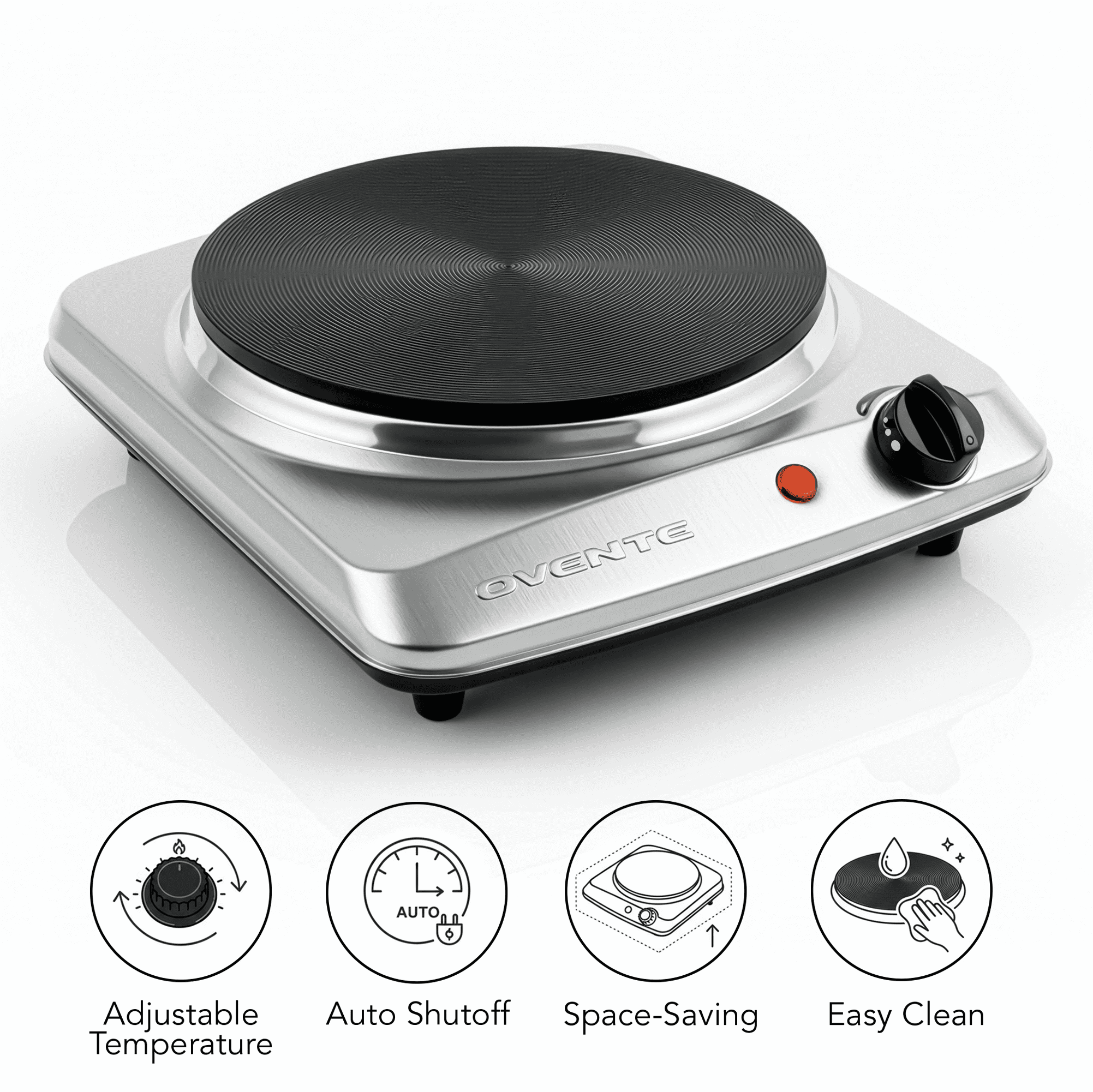 OVENTE Electric Countertop Single Burner, 1000W Cooktop with 7.25 Inch Cast Iron Hot Plate, 5 Level Temperature Control, Compact Cooking Stove and Easy to Clean Stainless Steel Base, Silver BGS101S
