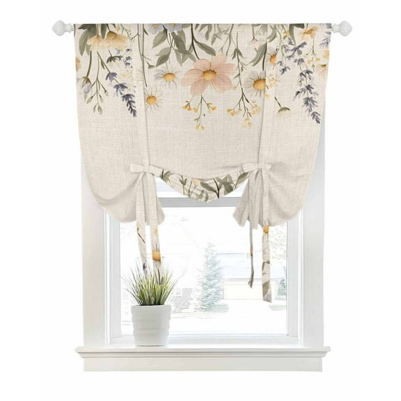 Daisy Botanical Tie Up Curtains for Window, Thermal Insulated Balloon Shade Adjustable Rod Pocket Curtains Valance Panels for Kitchen Bathroom Cafe 42 x 63 Vintage Farmhouse Floral