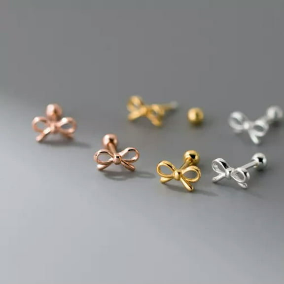 K-KED 18K Gold Plated 925 Sterling Silver Bow Knot Stud Earrings For Women Screw Beads-Silver