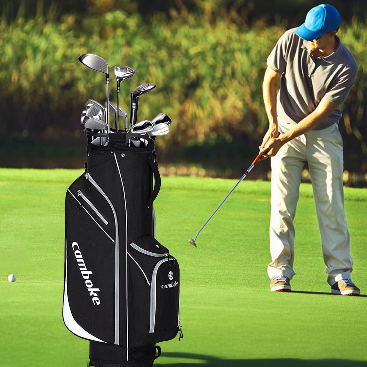 Golf Stand Bag, 14 Individual Full-Length Dividers, with Cooler Pocket, Apparel Storage & Rain Hood - Lightweight & Portable (Black/Red)