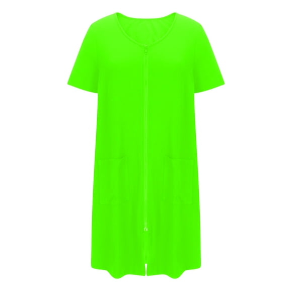 Women's Zipper Robe, Short Sleeves Zip up Bathrobe Soft Short Nightgown Housecoat with Pockets Pajamas for Women Skirt Cotton Soft Green M