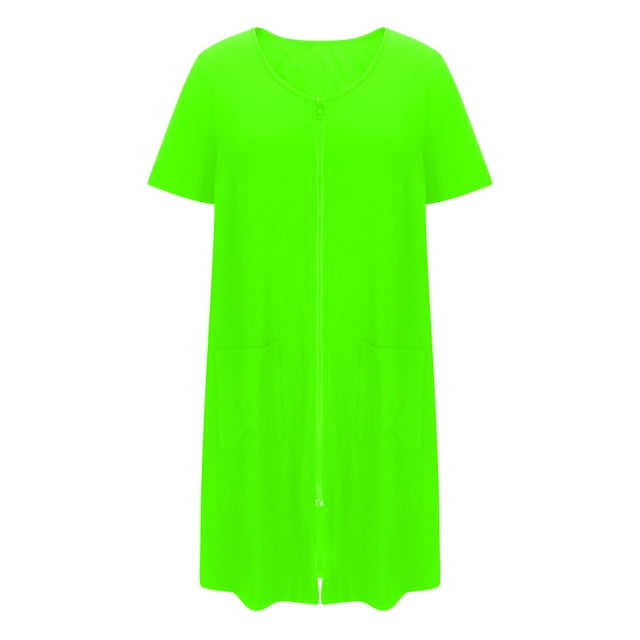 Peignoir à Fermeture Éclair pour Femme, Robe de Chambre à Manches Courtes Zippée Douce Courte, Robe de Nuit avec Poches, Robe de Pyjama en Coton pour Femme Vert TTG