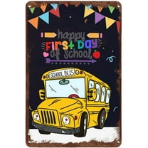 Happy First Day of School Metal Tin Sign Shcool Season Gift Classroom Decor Schoolbus Decor 1st Day of School Wall Sign For Classroom Bedroom Nursery 5.5x8 Inches