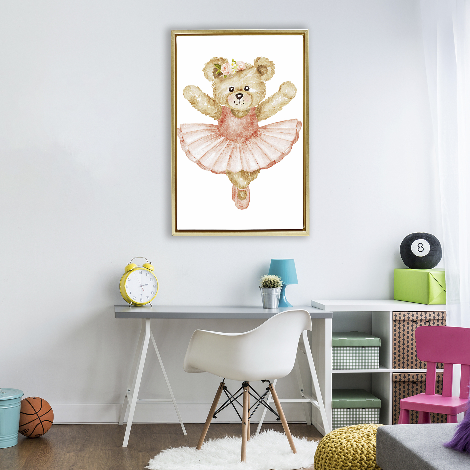 Teddy Bear Ballet Tutu Gold Framed Floater Canvas Wall Art, design by Amy Hall