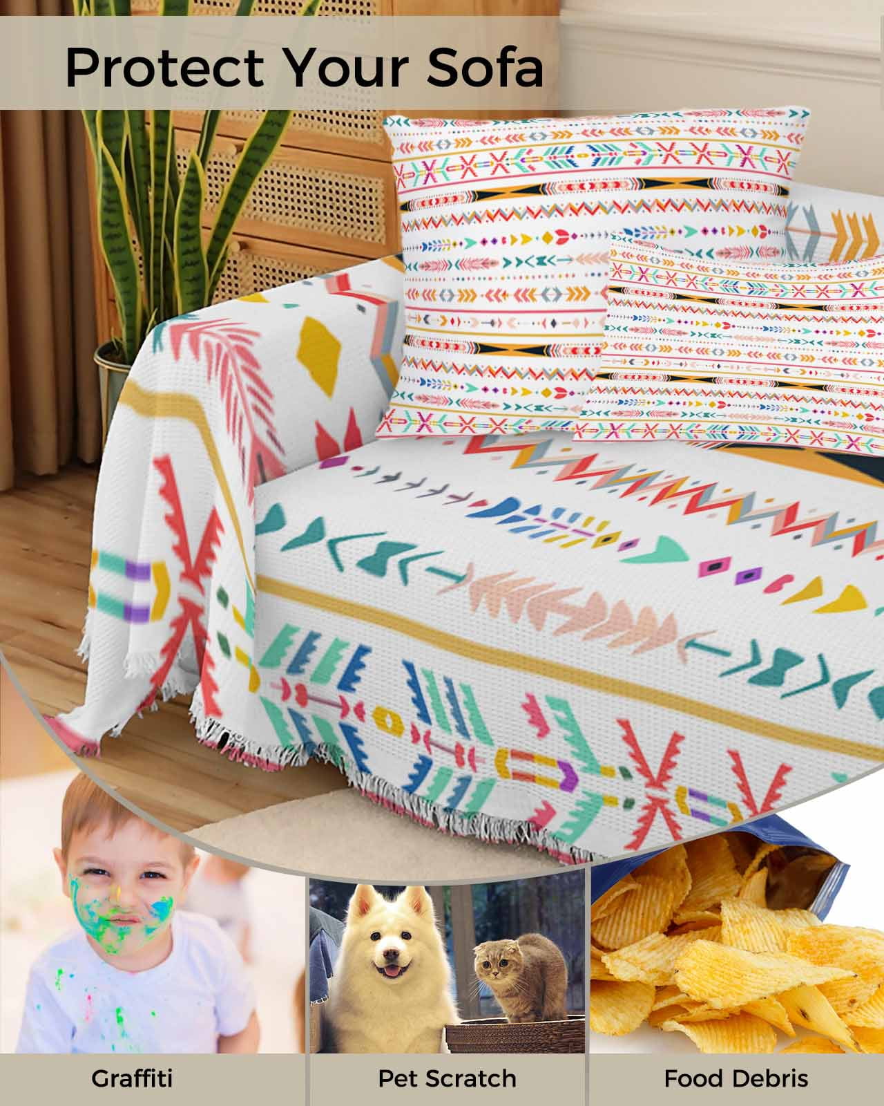 Orange Red Aztec Sofa Couch Covers for Dog,Washable Sofa Throw Cover Single Slipcovers for Armchair with Tassels,Boho Geometric Southwestern Stripe Ethnic Couch Protector Towel Blanket Medium 71x91