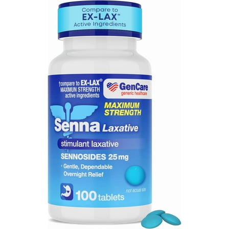 GenCare Maximum Strength Senna Laxative Sennosides 25mg Constipation Relief, 100 Tablets