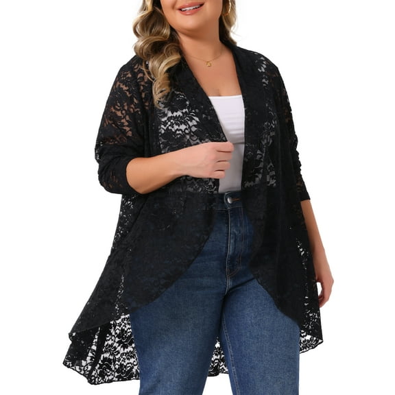 DARING DIVA Women's Plus Cardigan Open Front  Sheer Lace Crochet Cover Up 1X Black