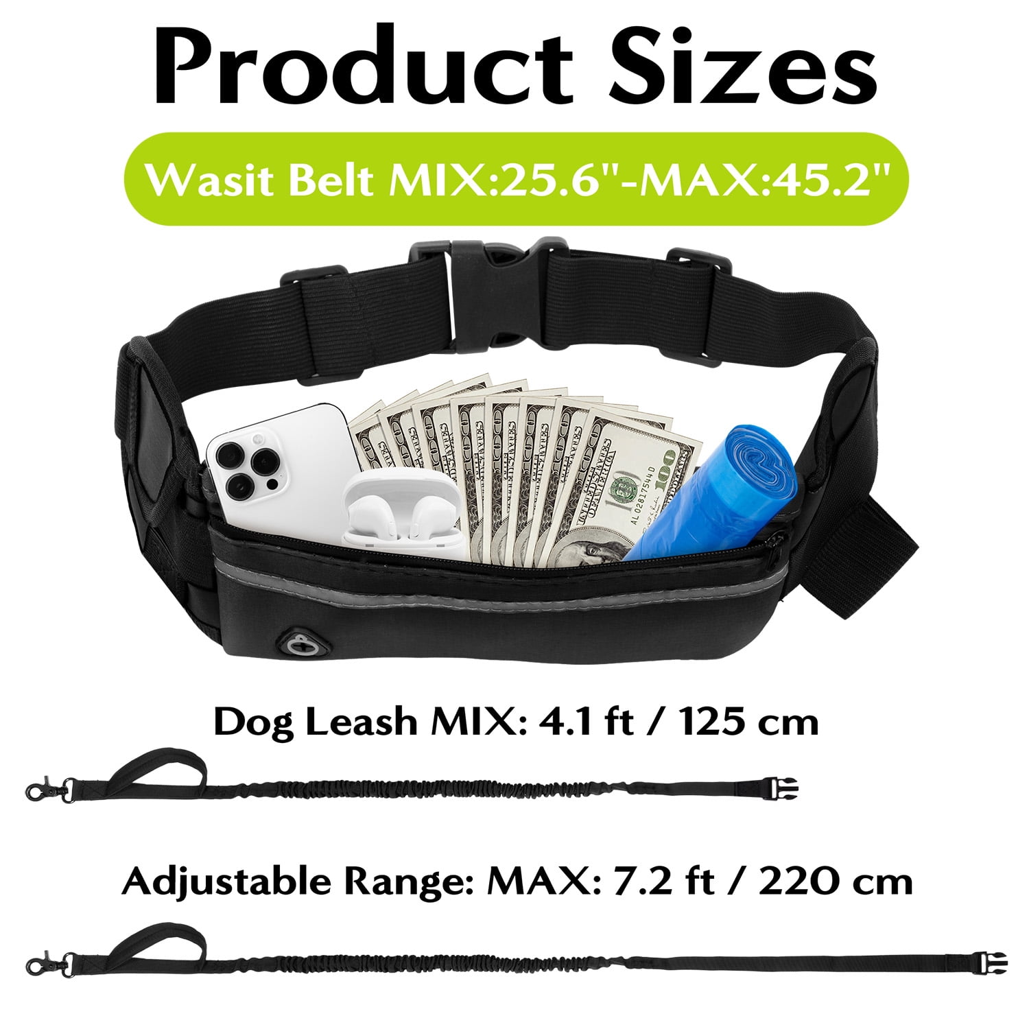 Haooryx Hands Free Dog Leash for Dog Walking Jogging Running, Durable Lead with Pouch Adjustable Belt for Small and Medium Dogs, Green